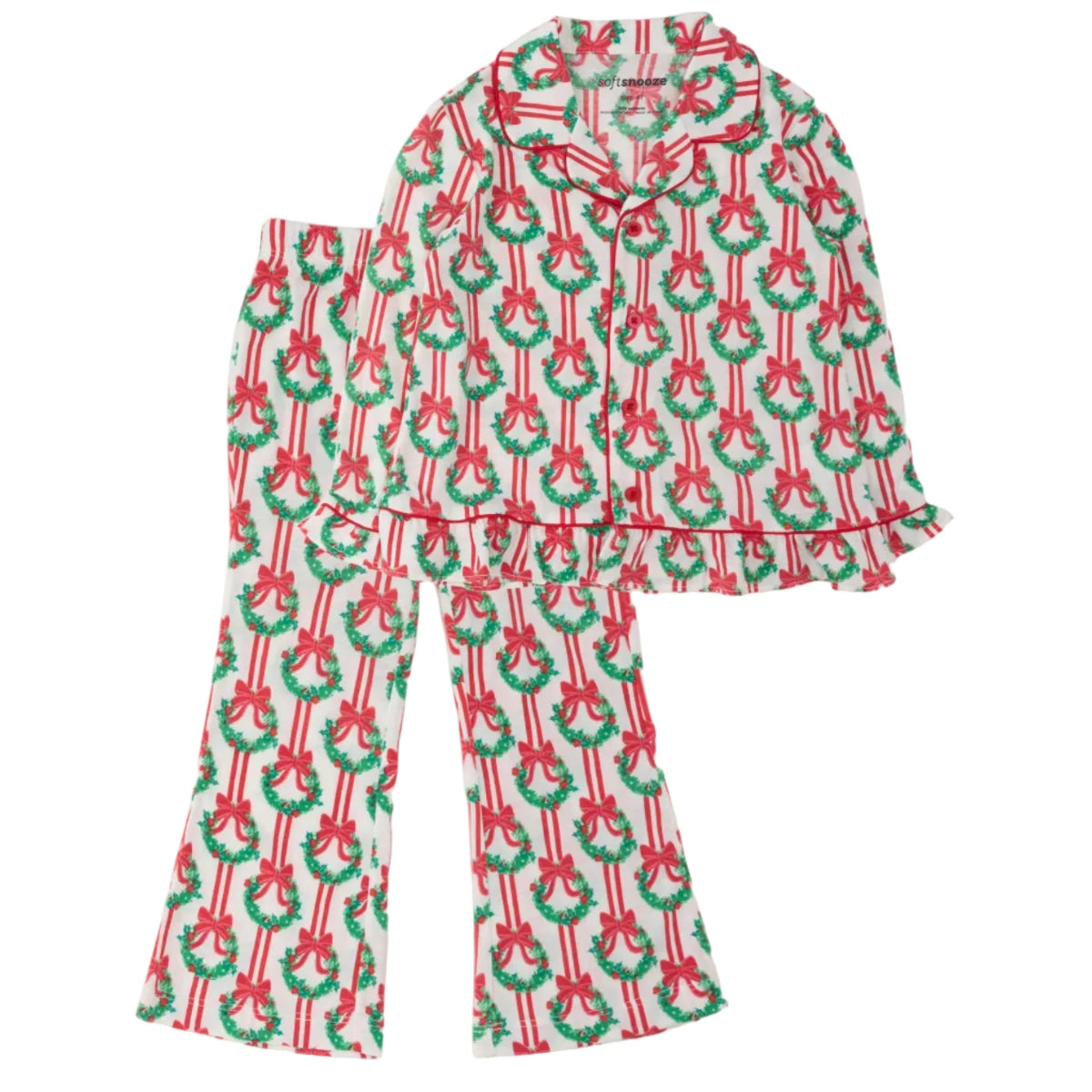 Girls Deck The Halls Christmas  Button Up Ruffle Flare Pajama Set