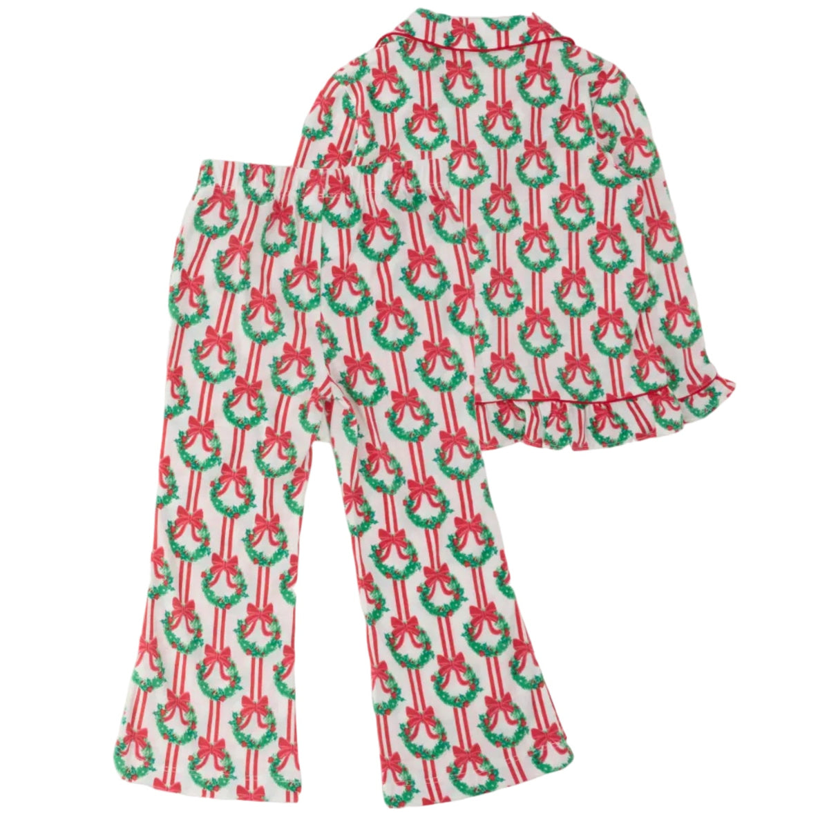 A two-piece Christmas-themed pajama set featuring a long-sleeve top and matching pants with an all-over print of green wreaths, red bows, and red-and-white striped candy canes on a white background.