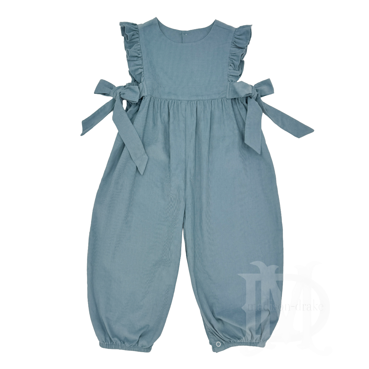A soft greenish- blue baby jumpsuit with ruffled cap sleeves, tie bows on the sides, and bubble legs.