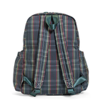 Plaid backpack with navy blue and green accents and shoulder straps.