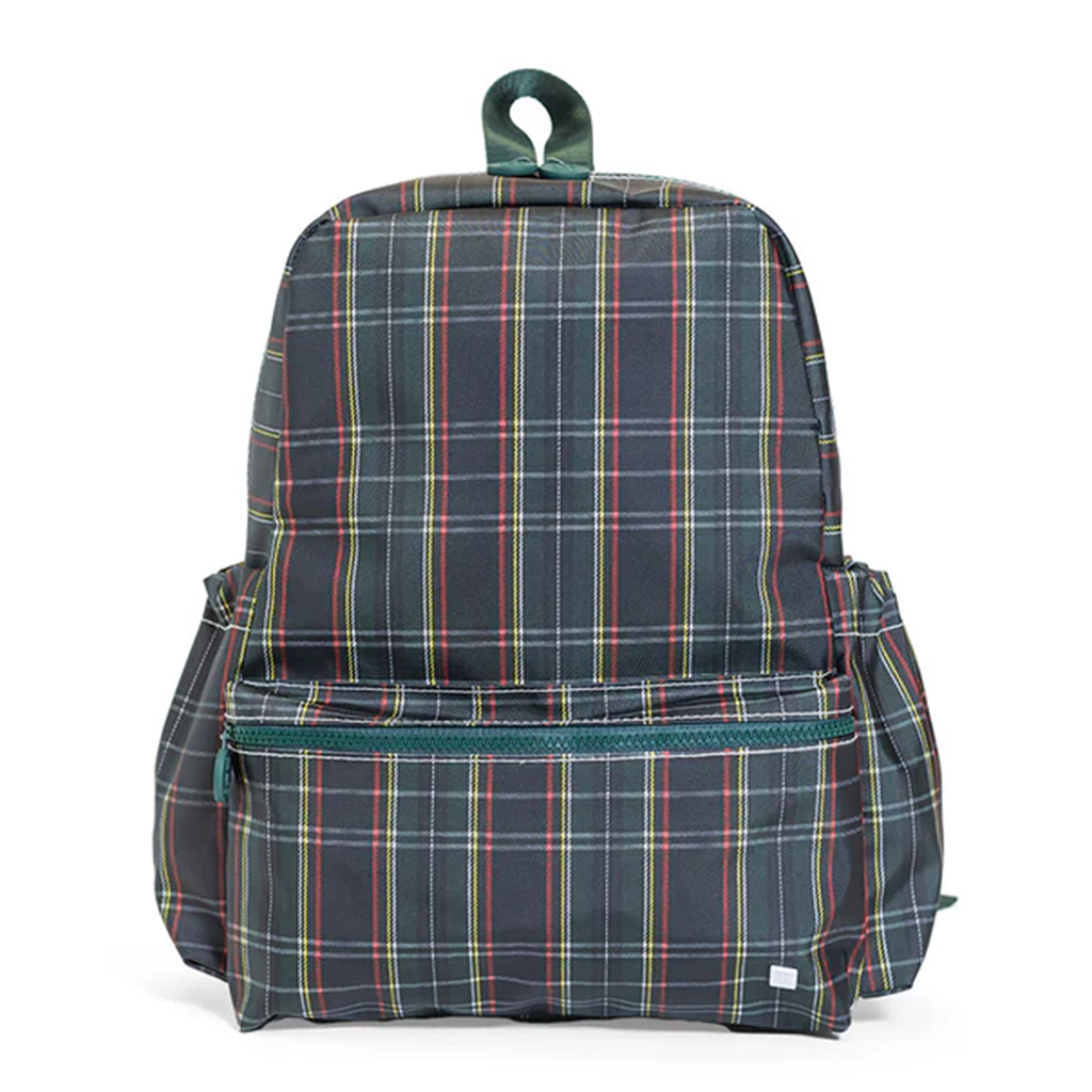 Preppy plaid backpack with navy and green accents.
