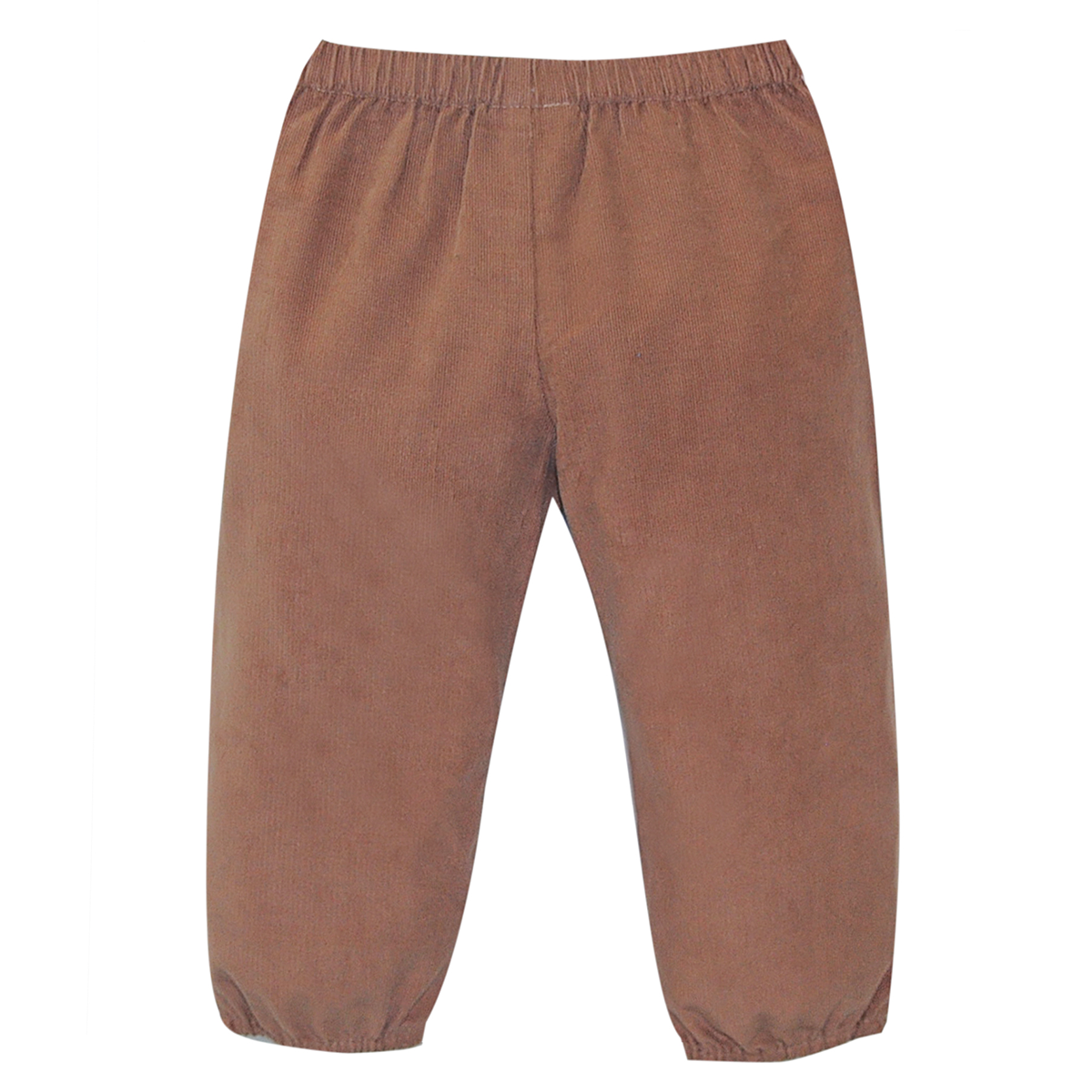 A pair of toddler boys brown corduroy pants with an elastic waistband and elastic cuffs.
