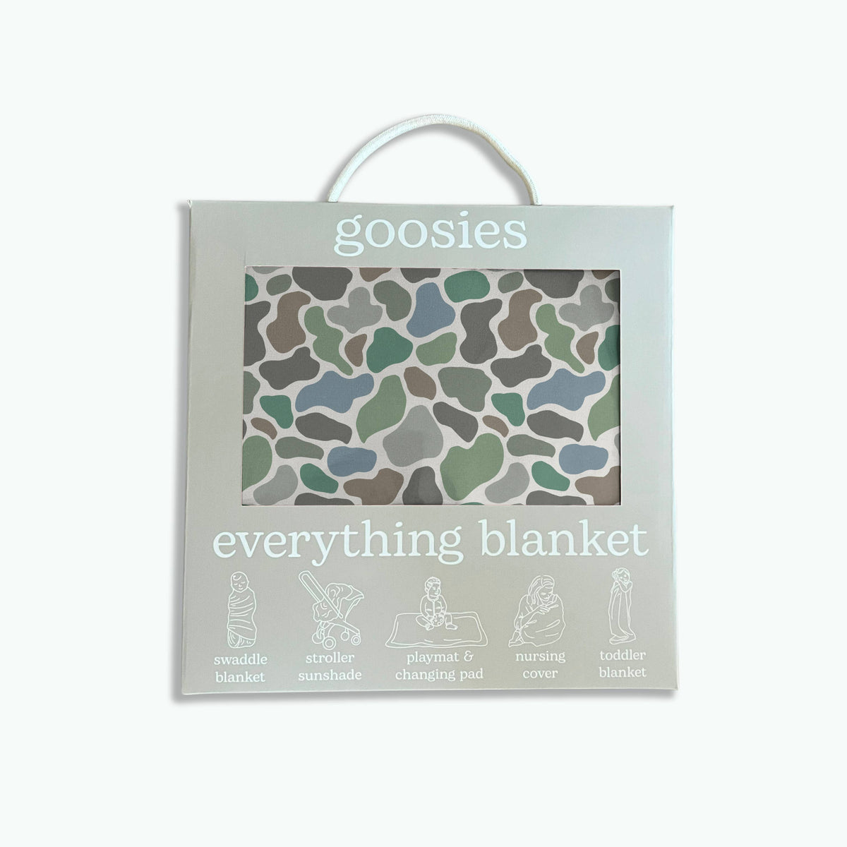 Package of a 'goosies' everything blanket with a patterned design on a white background