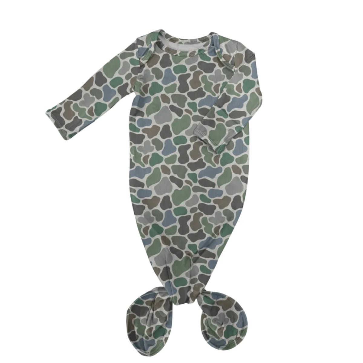 A baby footed sleeper with a long-sleeve design, featuring an all-over organic camouflage pattern in shades of green, gray, and brown on a light gray base, with the feet knotted together at the bottom.
