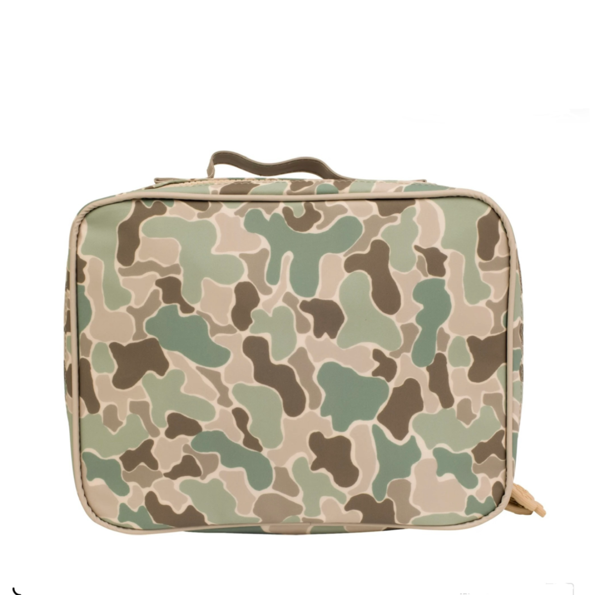 A camouflage pattern lunch box in shades of green, beige, and brown, featuring a top handle and zipper closure.