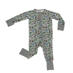 Baby onesie with camouflage pattern and gray accents on a white background