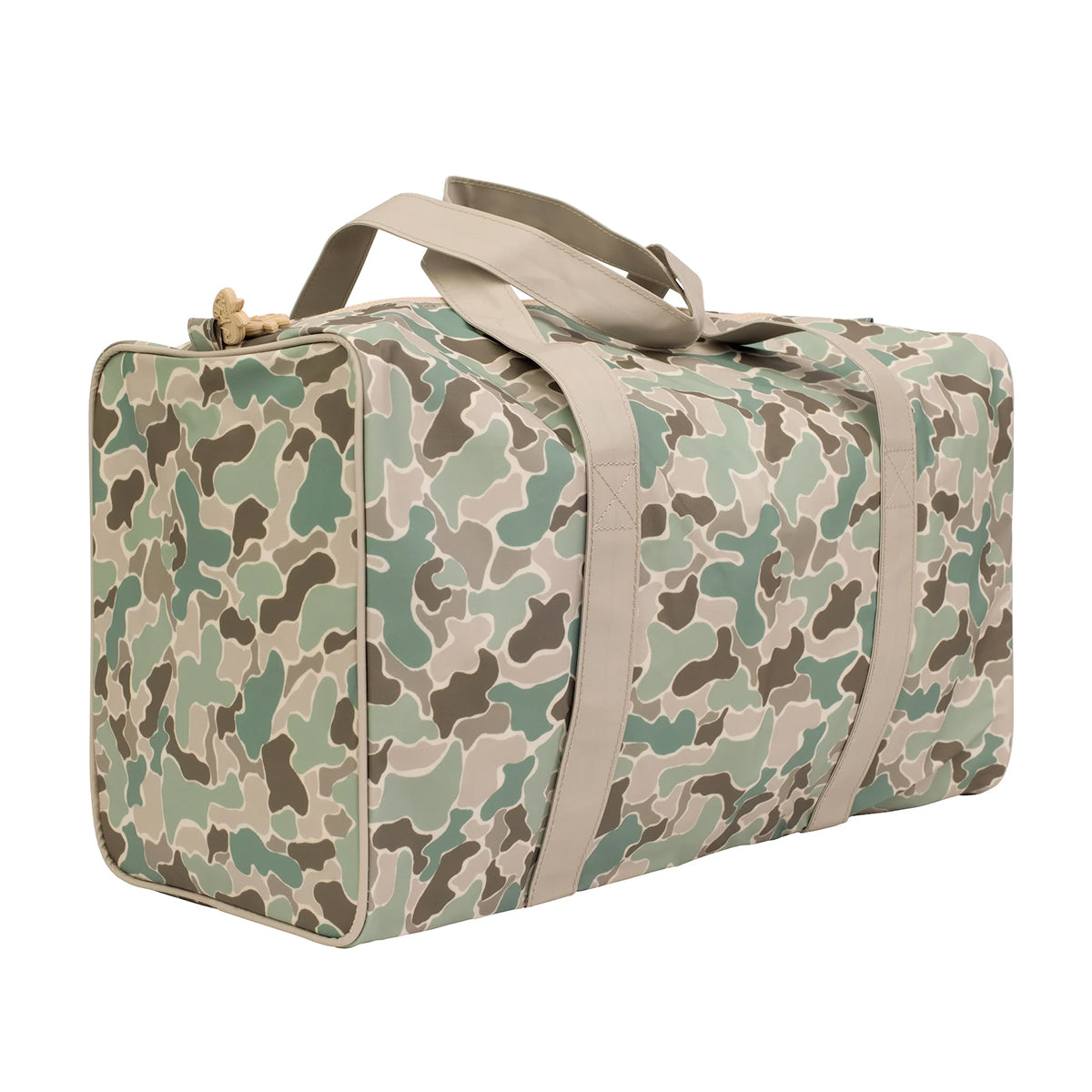 Camouflage-patterned duffel bag with beige straps.