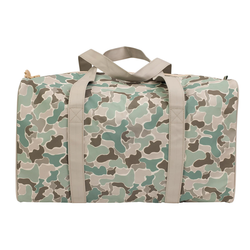 Camouflage-patterned duffel bag with beige straps.