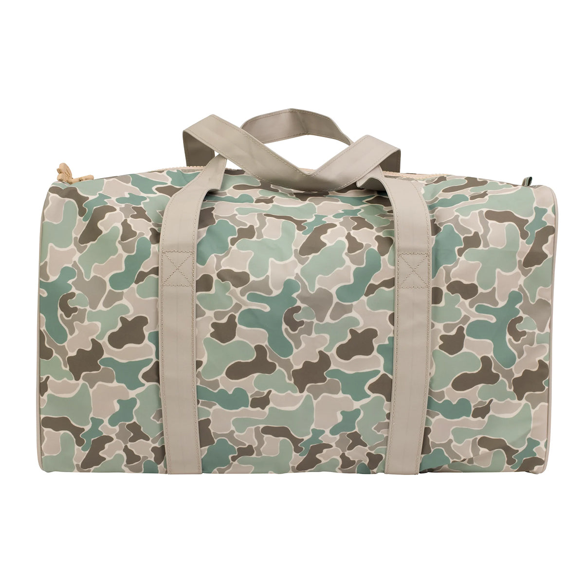 Camouflage-patterned duffel bag with beige straps.