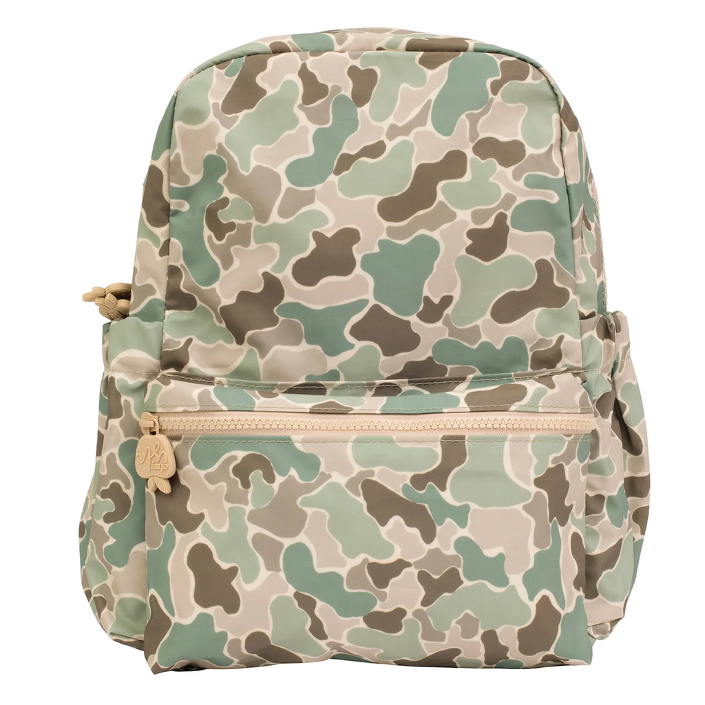Camouflage-patterned laminated backpack.