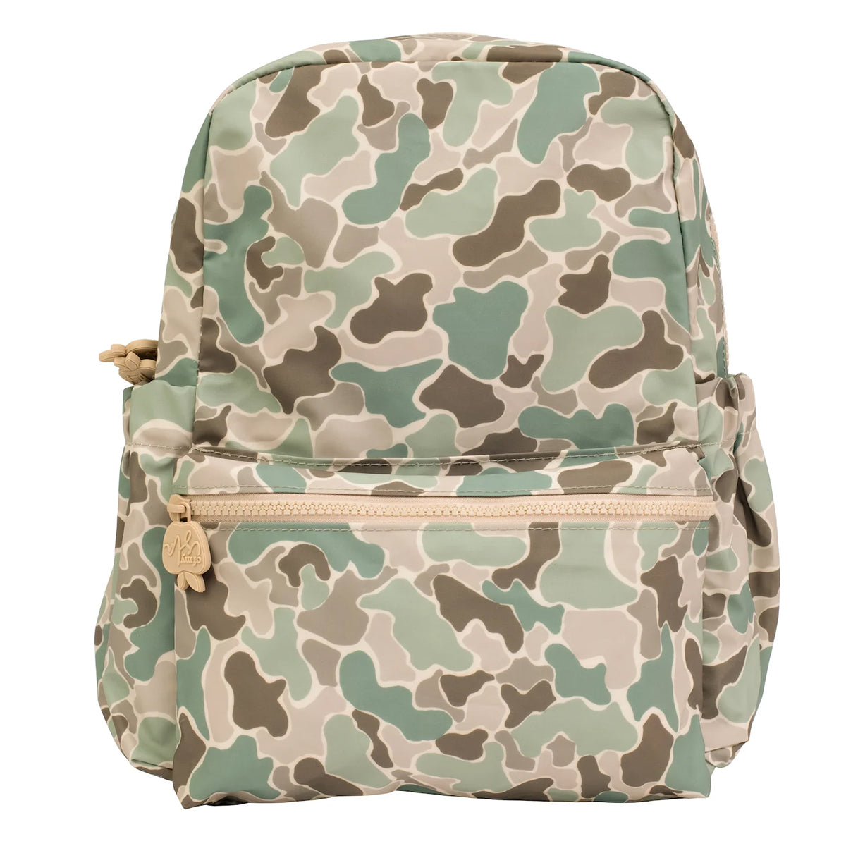 Camouflage-patterned laminated backpack.