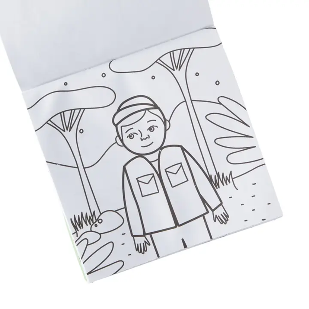 Coloring book page with a safari guide and jungle illustration.