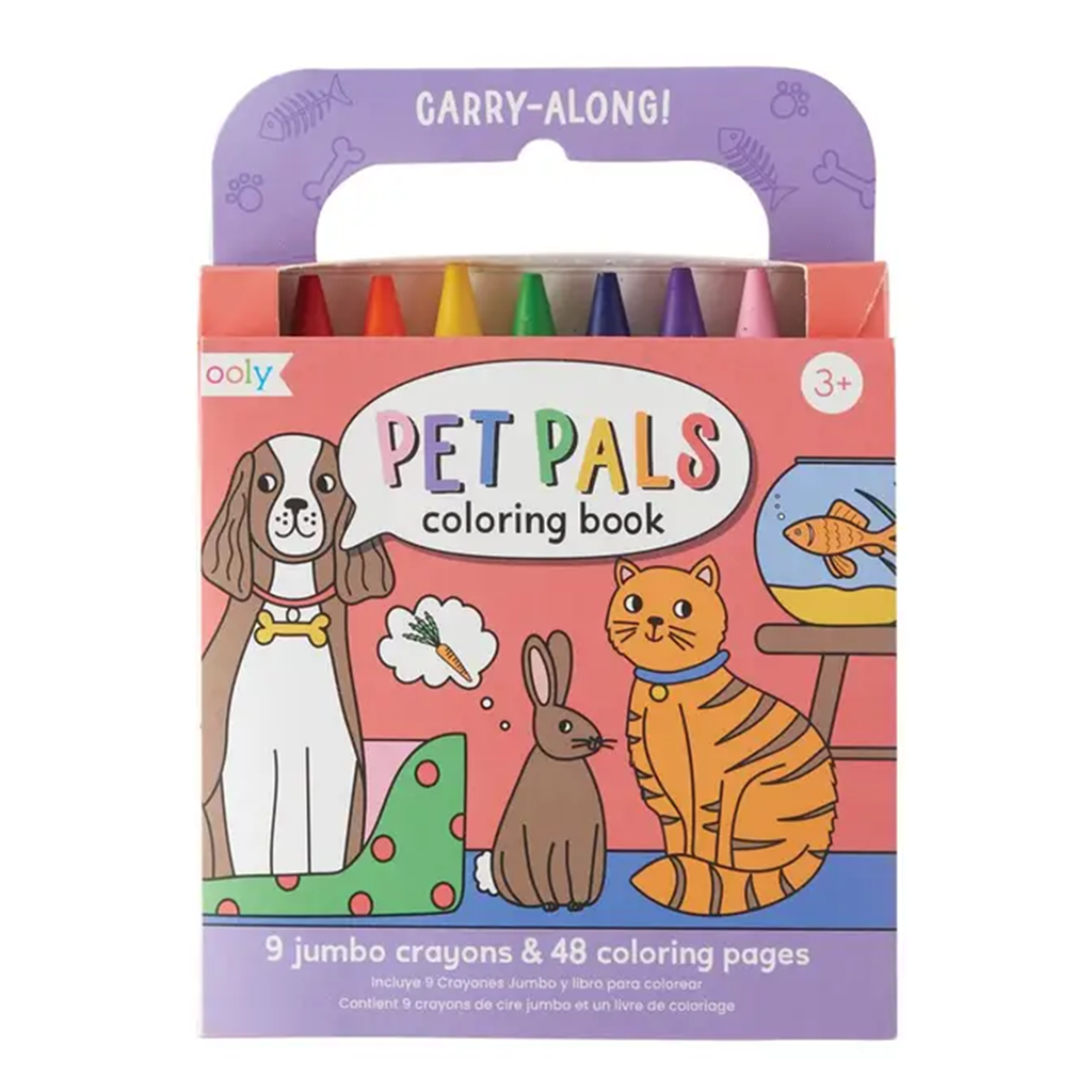 Pet Pals coloring book with crayons and illustrations of a dog, cat, and rabbit.