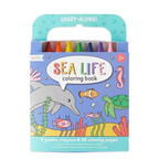 Sea life coloring book with crayons in a carrying case with handle.