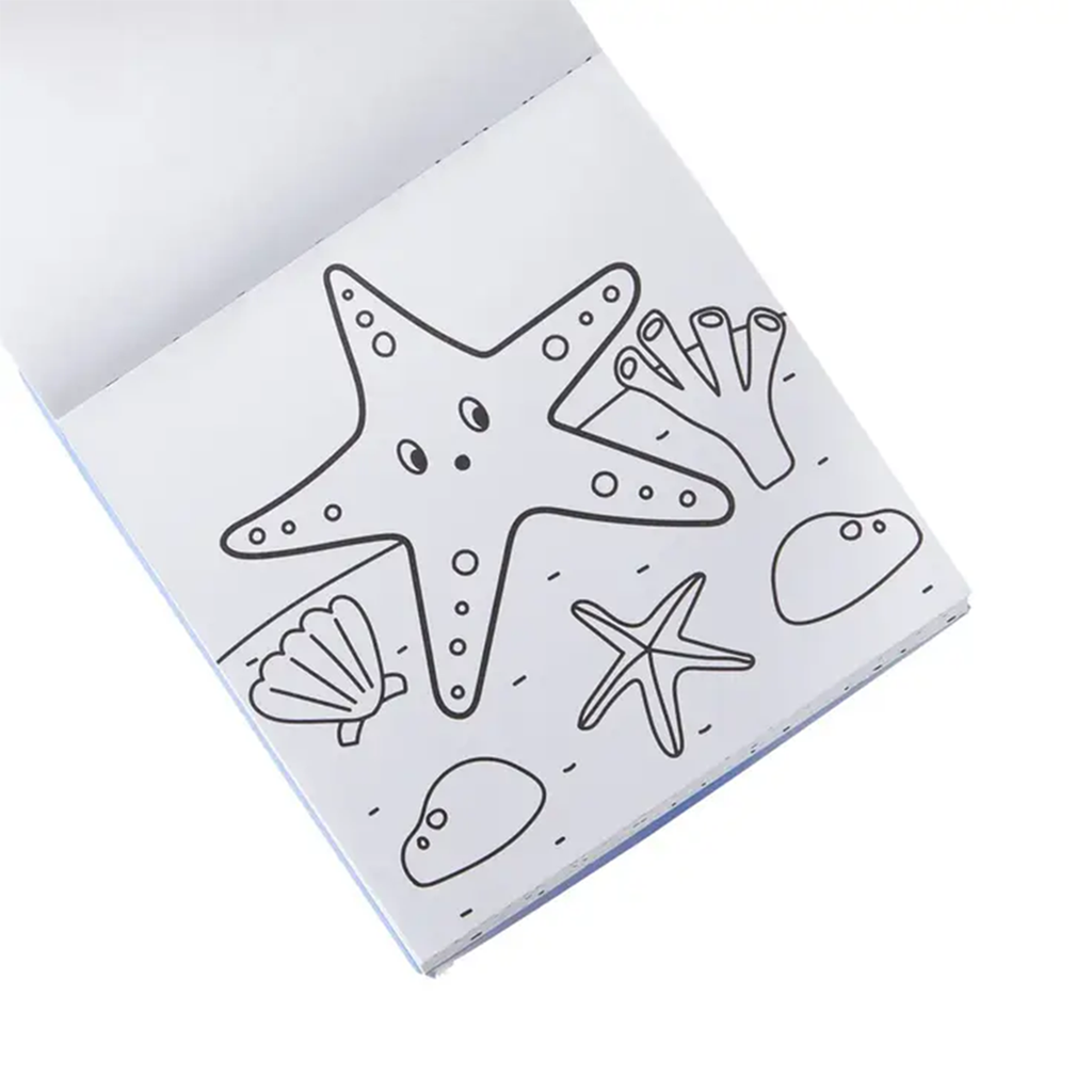 Coloring book with starfish and shell designs.