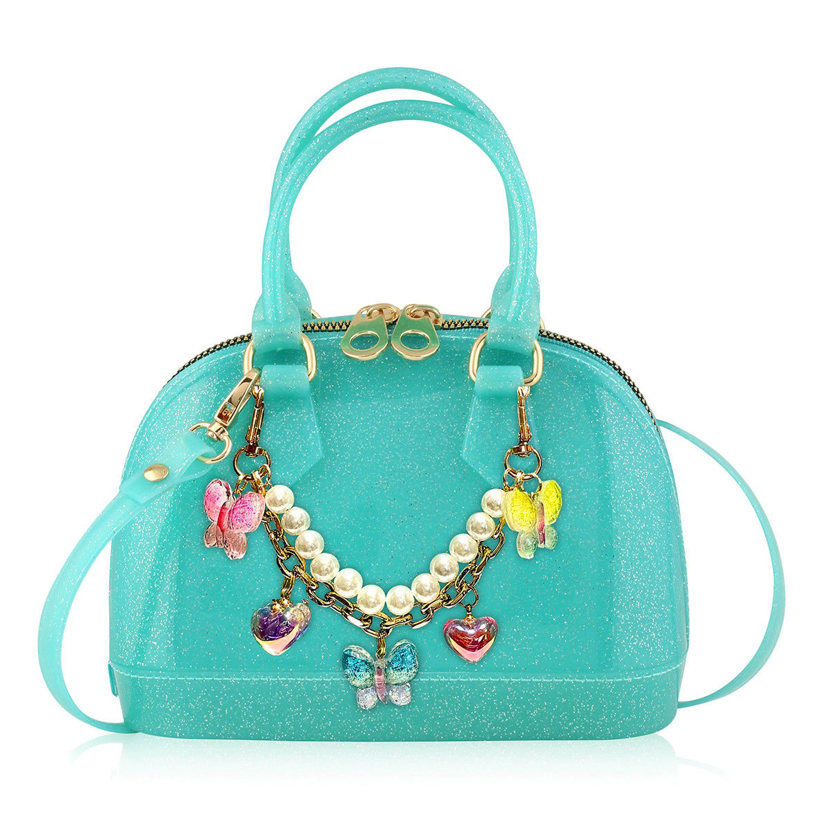 Aqua sparkle jelly handbag with multicolor butterfly and heart charms on a pearl and gold chain swag.