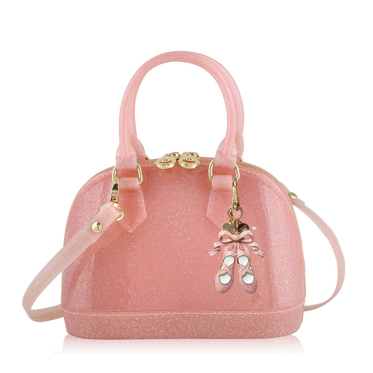 Pink sparkly little girl purse with ballet shoes and heart charms.