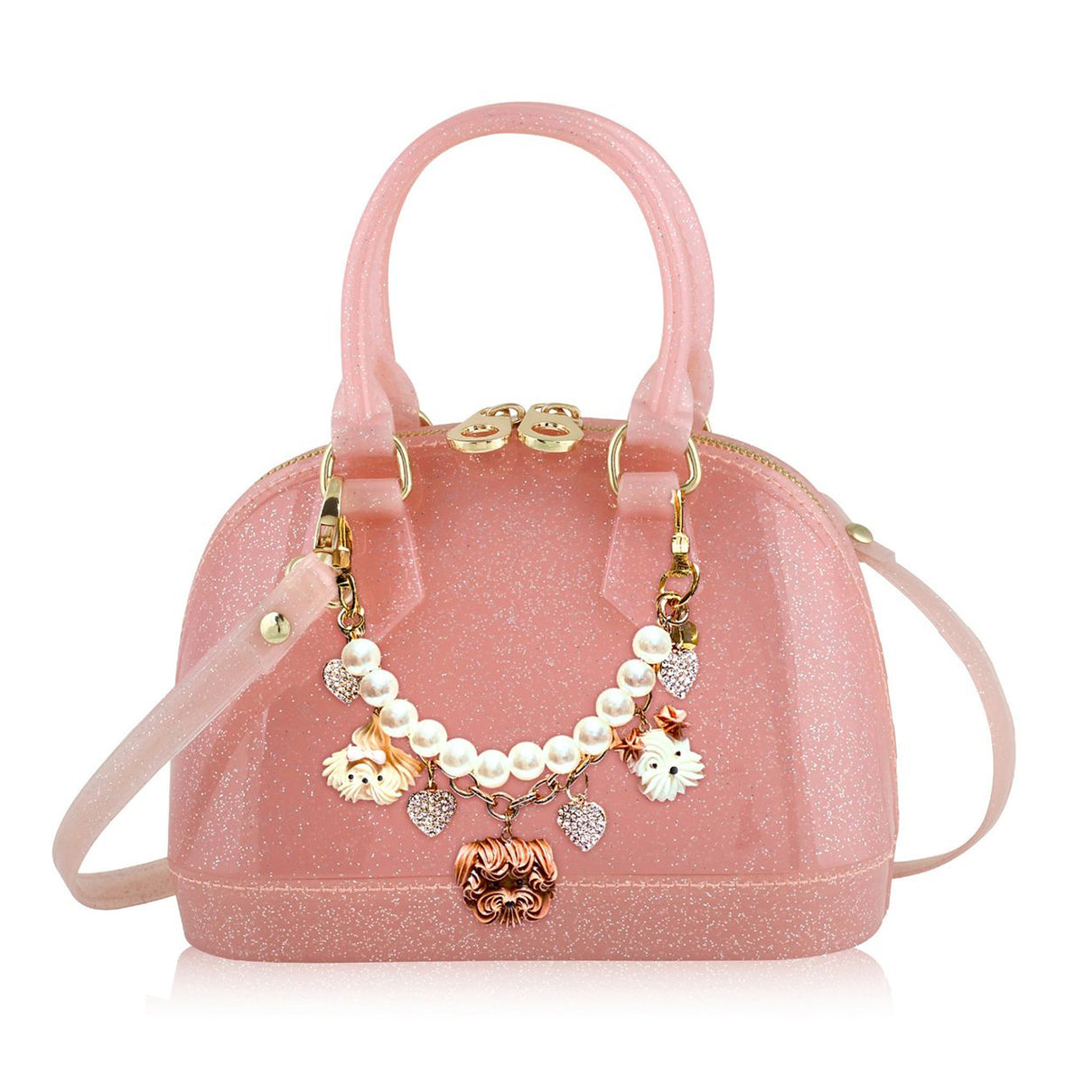 Pink glittery little girl's jelly handbag with decorative puppy dog charms and a pearl swag.