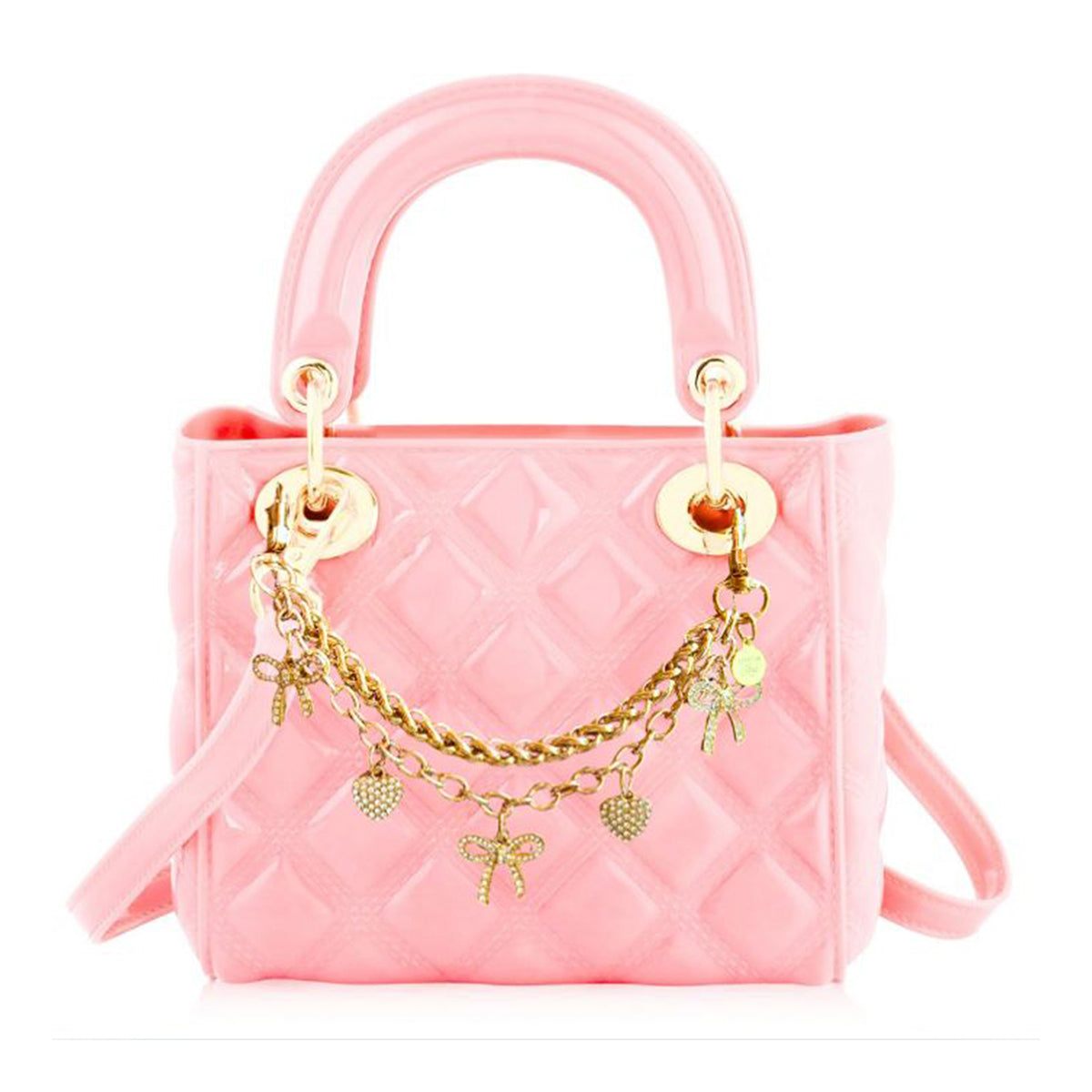 Pink quilted jelly handbag with gold chain and bow and heart charms