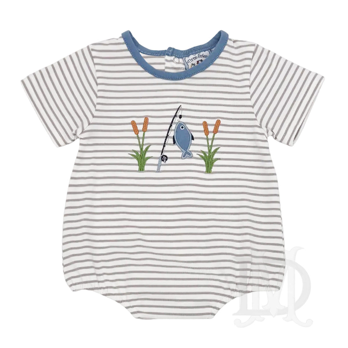 Striped baby boy bubble with an appliqued fishing design
