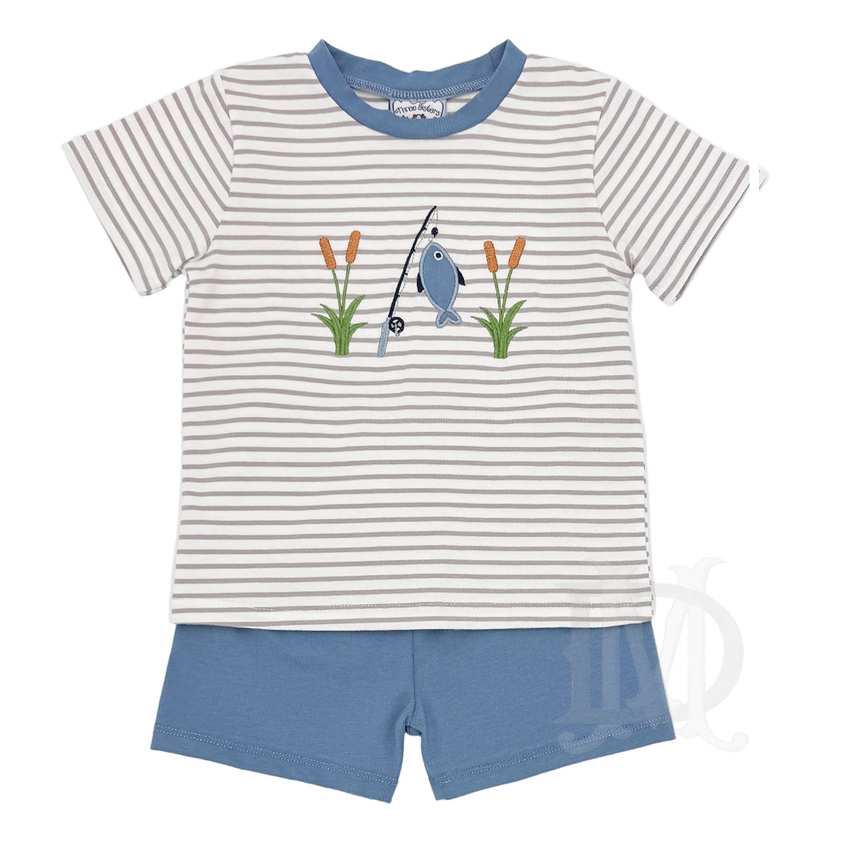 Striped short sleeve t-shirt with appliqued fishing design and matching blue shorts.