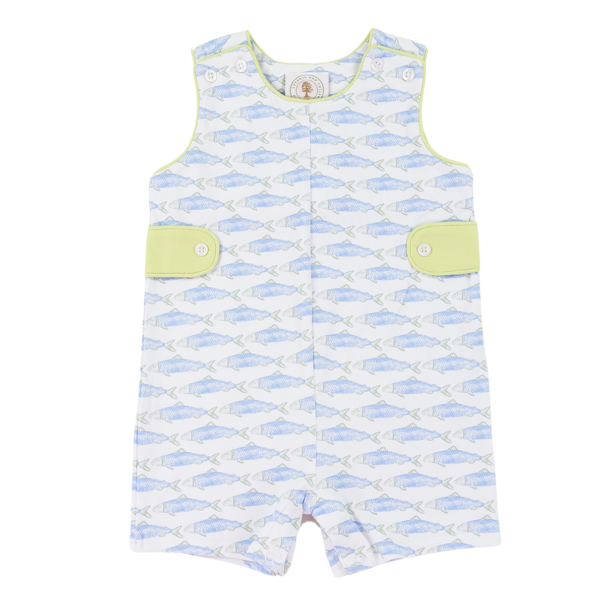 Boy jon-jon with an allover fish print in blue and green.