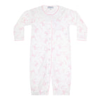 Baby girl's converter gown romper with a white ruffled collar and pink bows print.