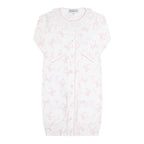 Baby girl's converter gown with a white ruffled collar and pink bows print.