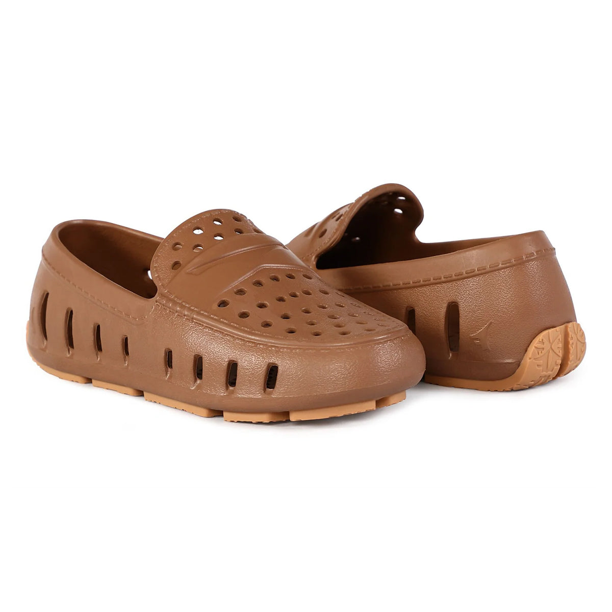 Tan synthetic rubber penny loafer driver moccasin for boys.