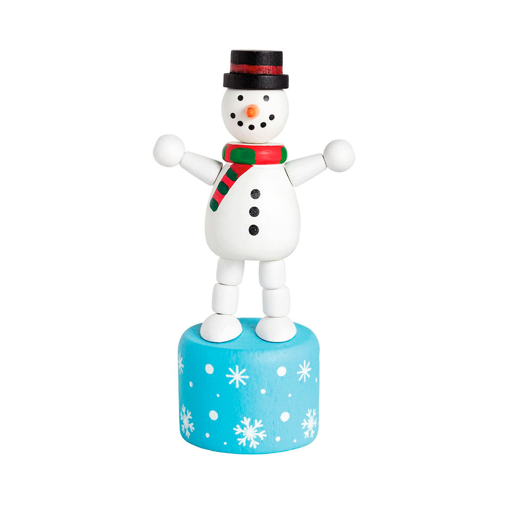 Wooden snowman collapsible toy on a blue base with white snowflakes.