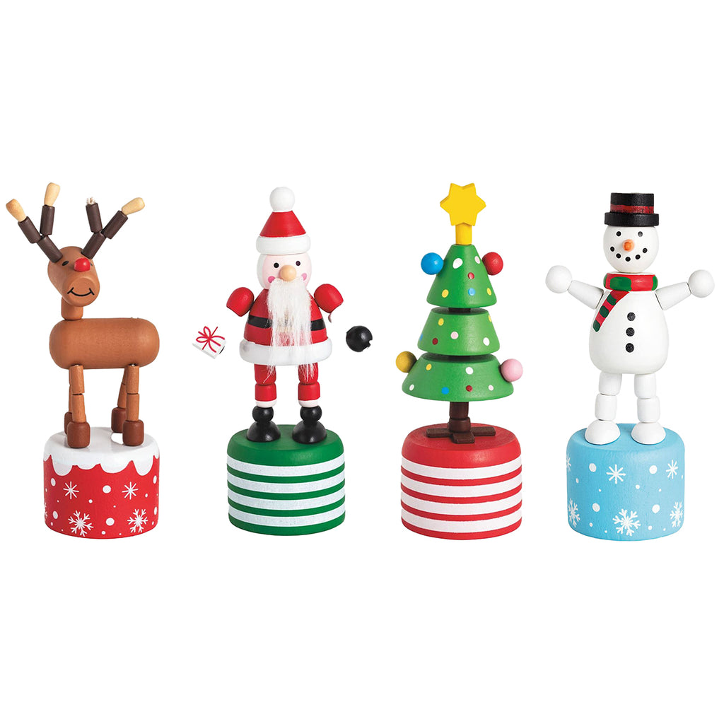 Set of four Christmas-themed wooden collapsible figurines on colorful bases