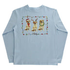 Light blue long sleeve t-shirt with Christmas-themed dog illustrations