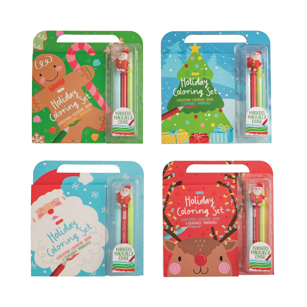 Four Christmas holiday coloring sets for kids with erasable markers and a handle.