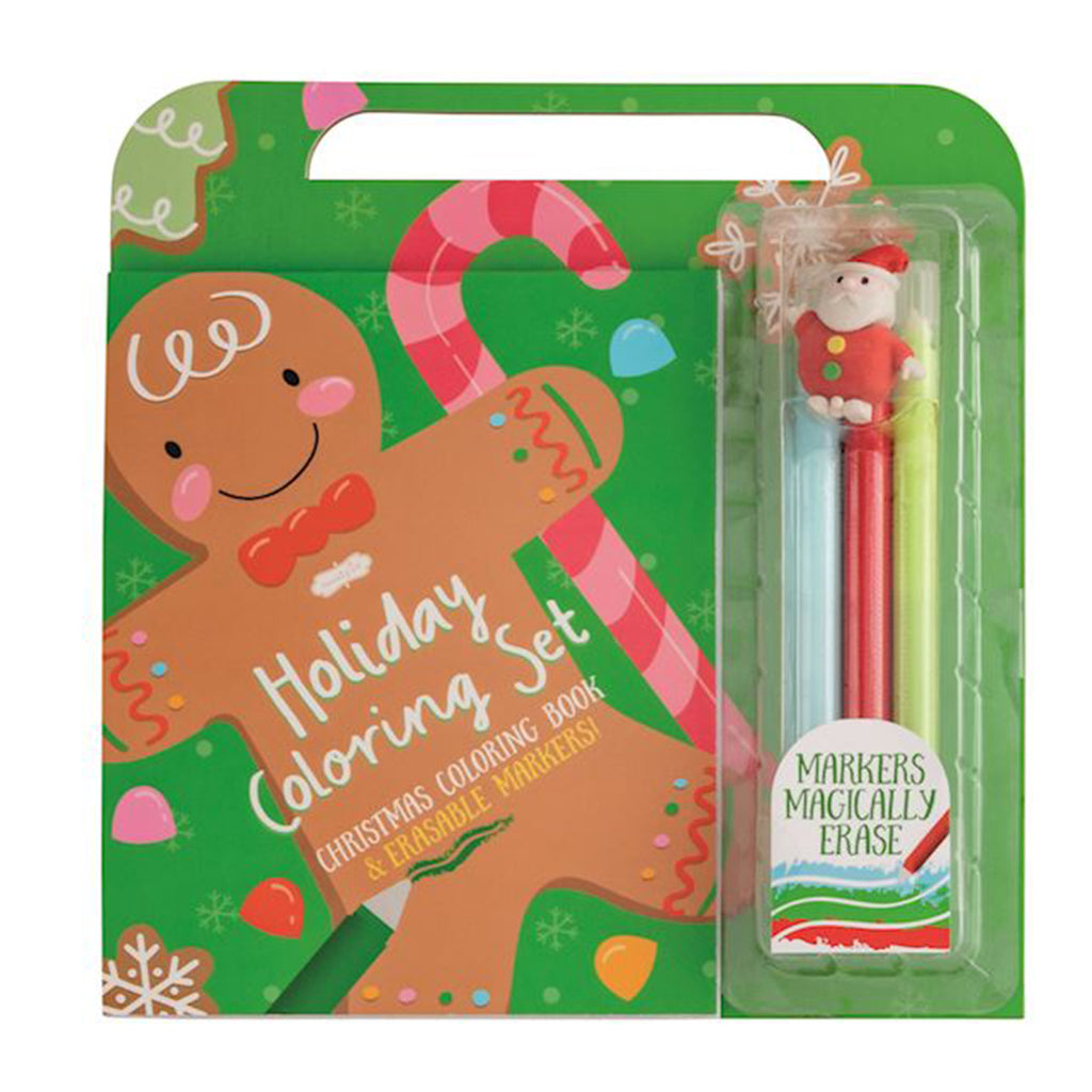 Gingerbread Cookie Christmas holiday coloring sets for kids with erasable markers and a handle.