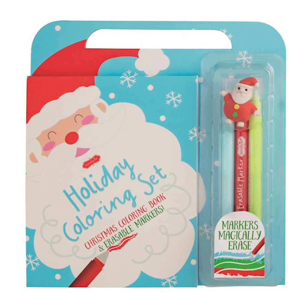Santa Claus Christmas holiday coloring sets for kids with erasable markers and a handle.