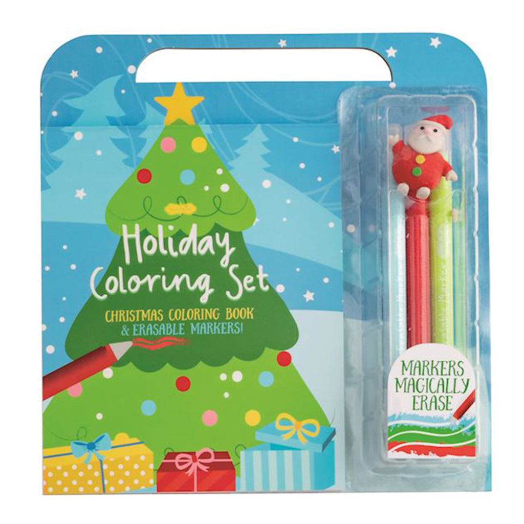Christmas tree holiday coloring sets for kids with erasable markers and a handle.
