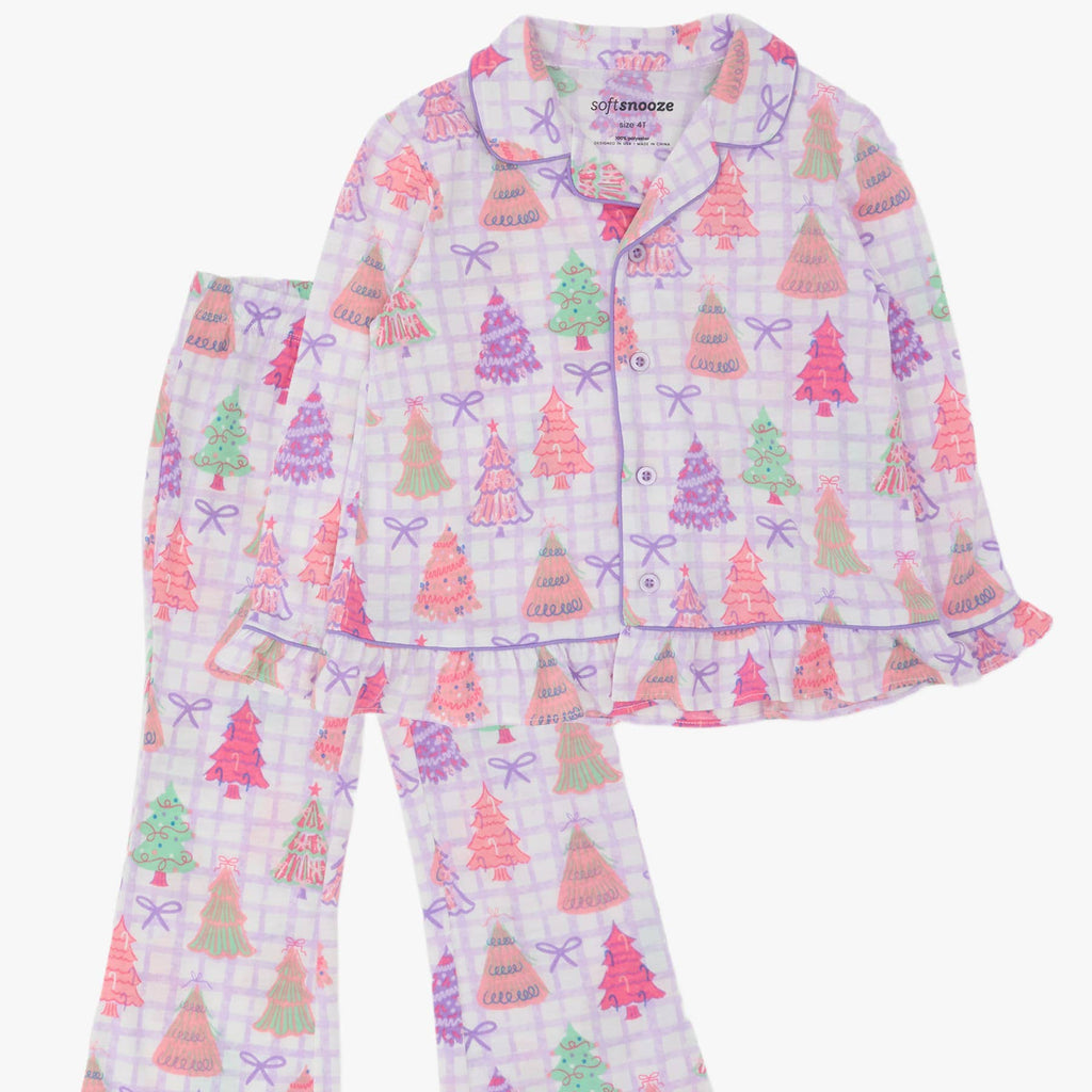 A two-piece pajama set featuring a long-sleeve button-up top and matching flared pants. The pajamas have a light lavender and white plaid pattern with an all-over print of colorful Christmas trees in pink, green, and purple, along with small bows.