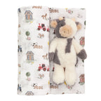 Plush cow baby rattle toy with a farm print muslin swaddle blanket gift set 