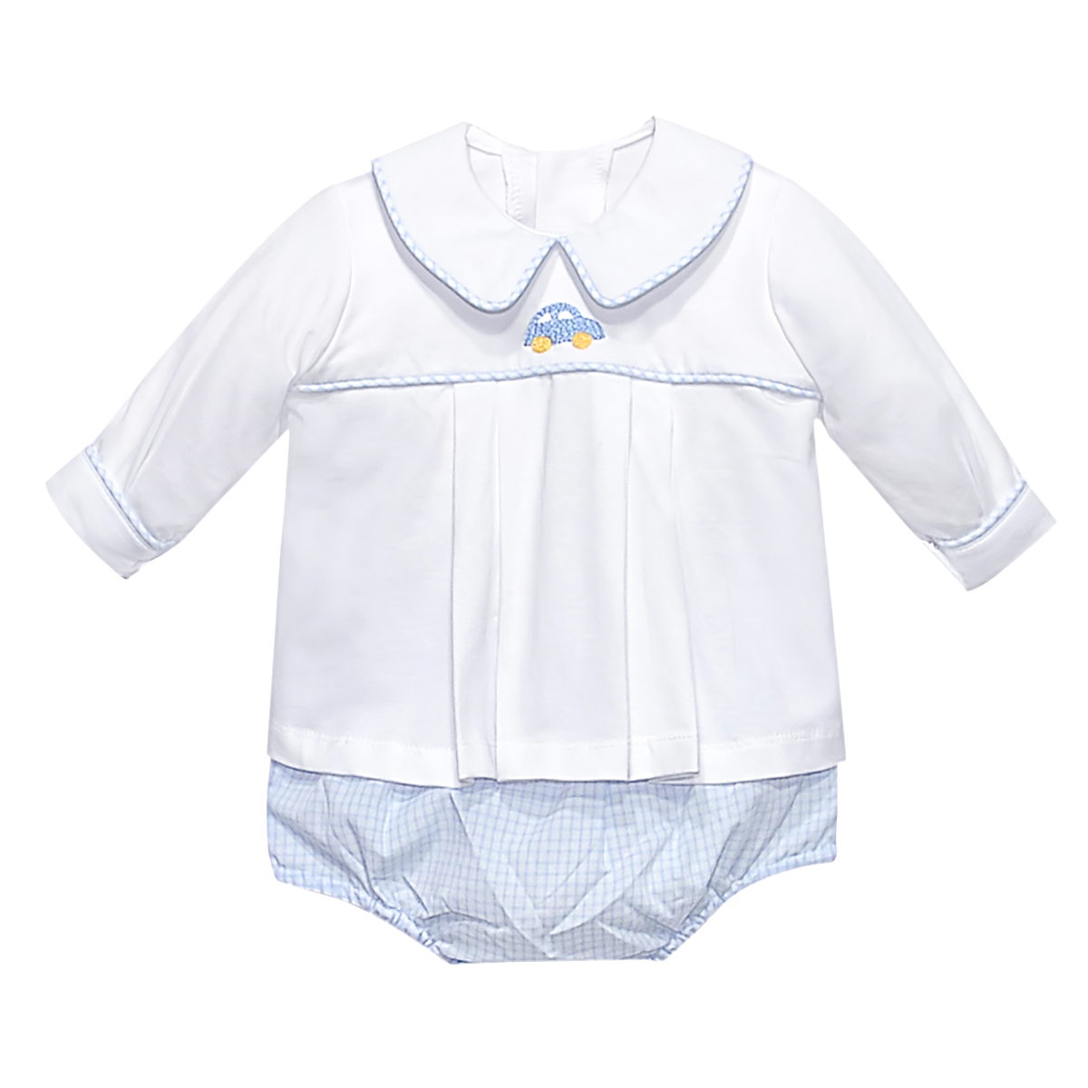 A baby's long-sleeve diaper set with a blue gingham patterned bloomer diaper cover, Peter Pan collar, and a embroidered blue car motif on the chest.