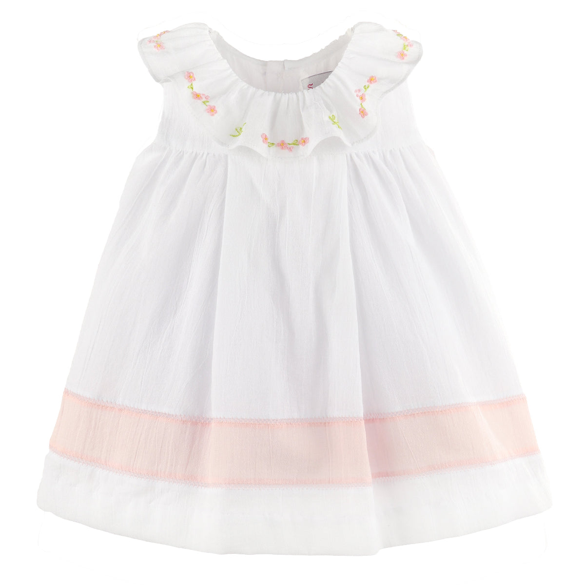 Girl's white dress with a pink border at the bottom and ruffled neckline finished with hand embroidered pink flowers.