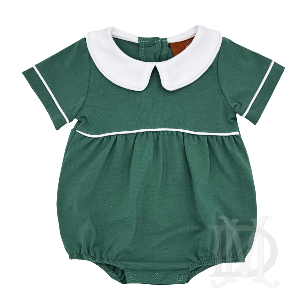 Baby boys forest green knit short sleeve bubble with white piping and a white peter pan collar.