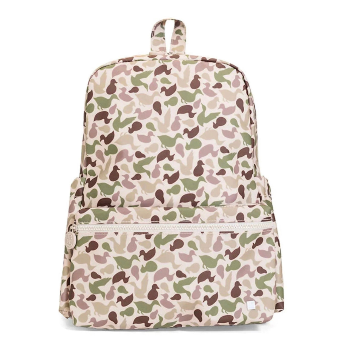 A classic backpack style featuring an all-over camouflage pattern in beige, green, brown, and tan duck decoy print with a front zippered pocket and top carry handle.