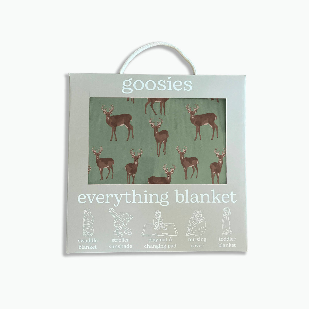 Goosies Everything Blanket in a sage green color with a brown deer pattern, shown in its light gray packaging with a white carrying loop.