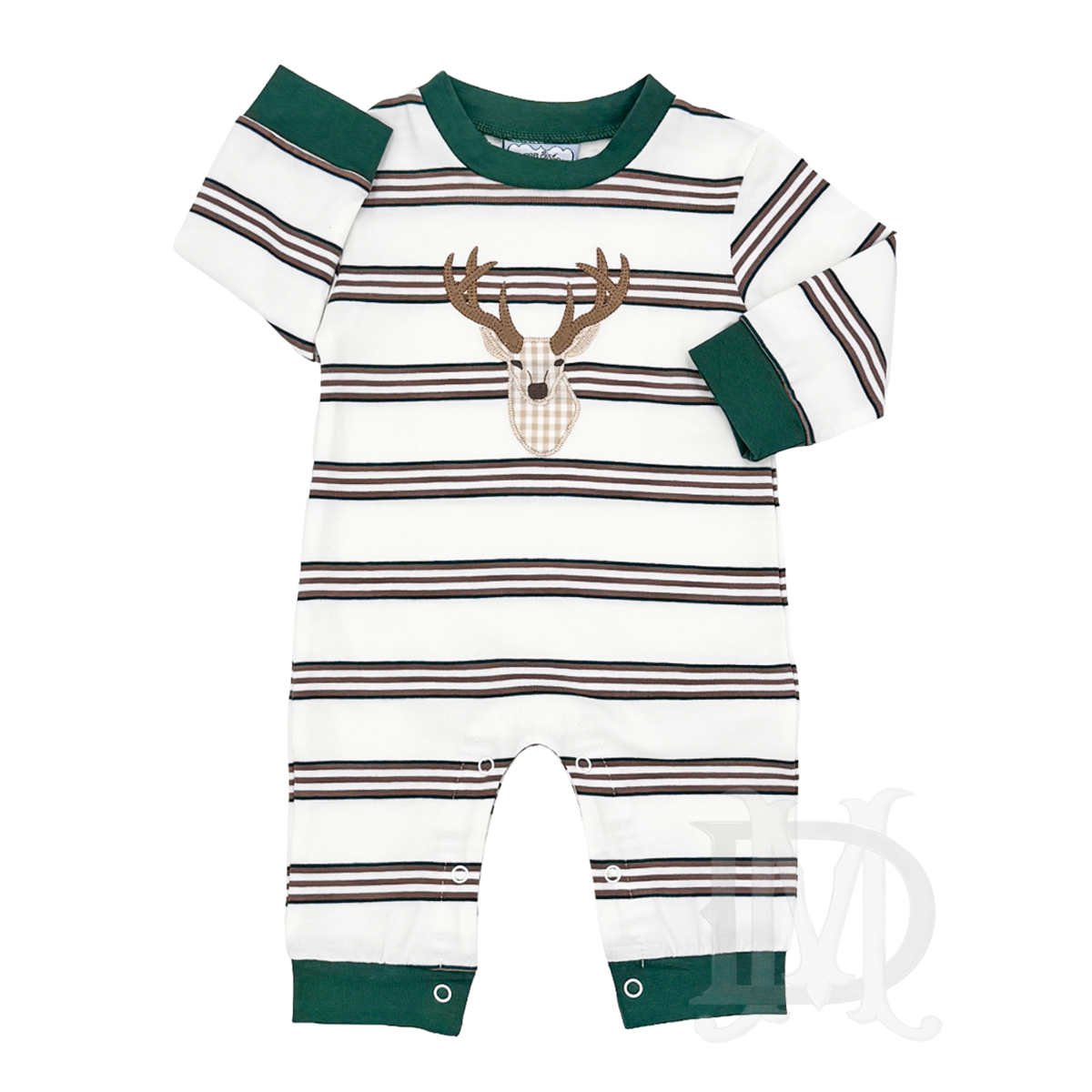 A baby boy long-sleeve romper with horizontal stripes in brown and tan featuring a rdeer applique on the chest and dark green cuffs and collar.