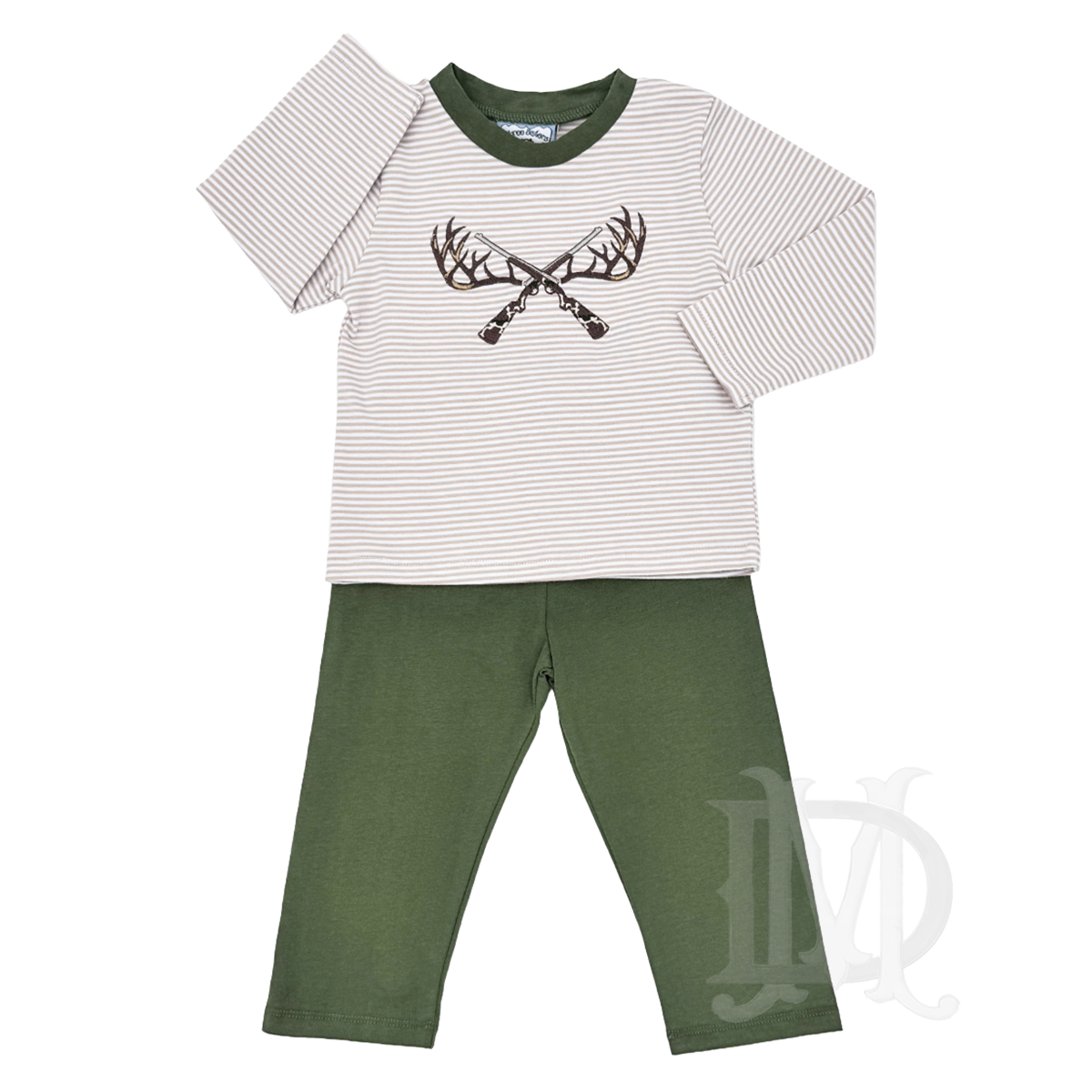 A toddler boy's two-piece knit outfit set featuring a long-sleeve shirt with thin tan and white horizontal stripes with a hunting themed applique with deer antlers and olive green pants.
