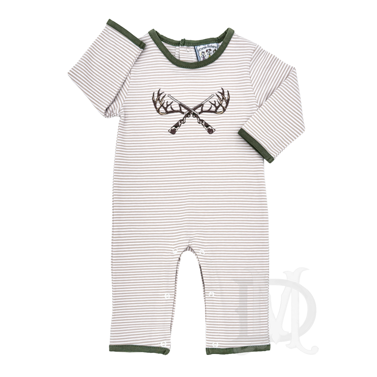 A baby boy's long-sleeve knit romper with tan and white horizontal stripes, olive green trim and a hunting themed applique with deer antlers.