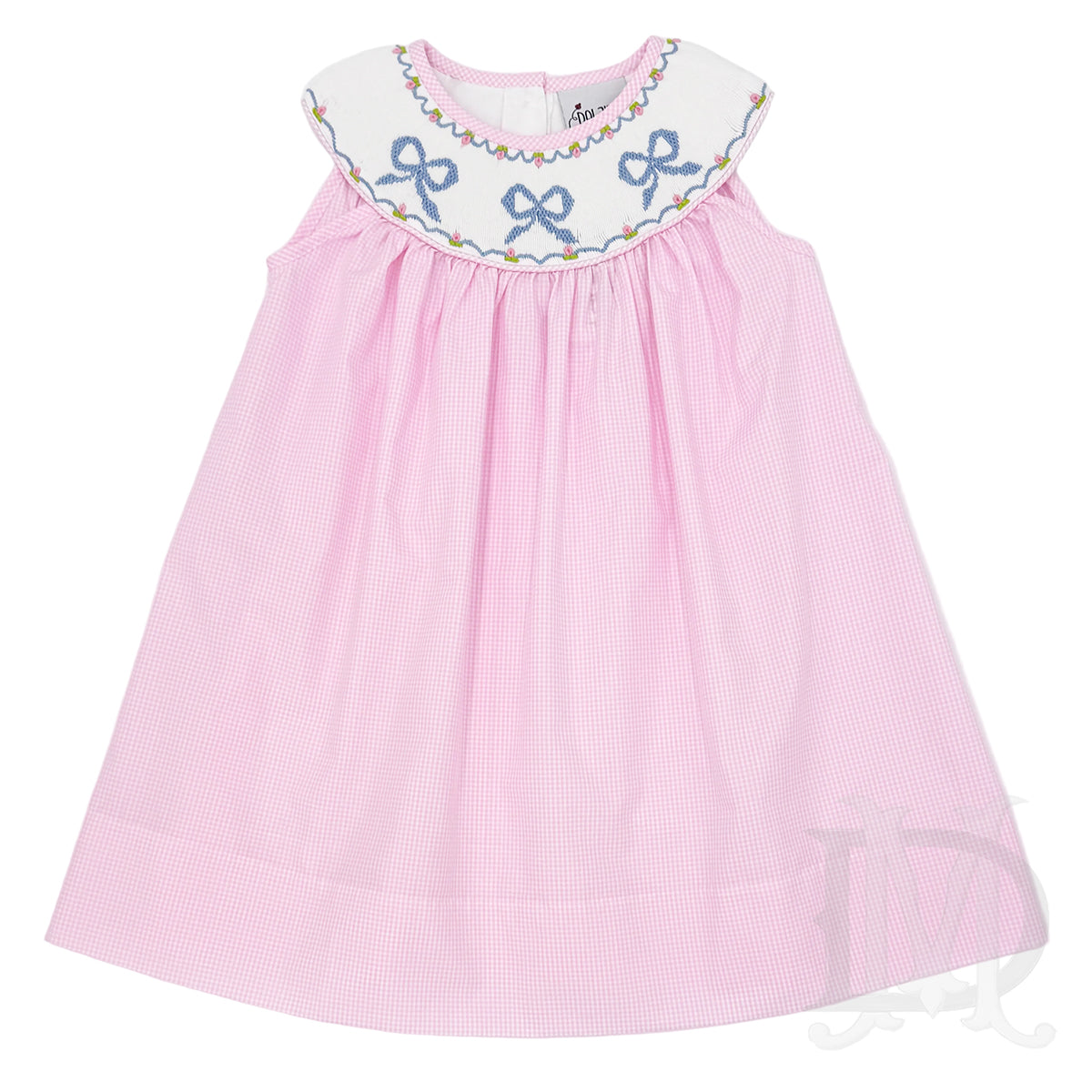 Pink check dress with white smocked yoke featuring blue bows