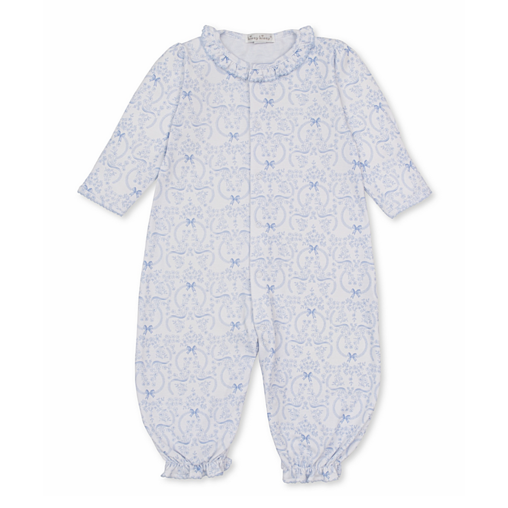 Baby girl long romper with a ruffled neckline and blue coquette bows and floral pattern.