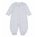Baby girl long romper with a ruffled neckline and blue coquette bows and floral pattern.