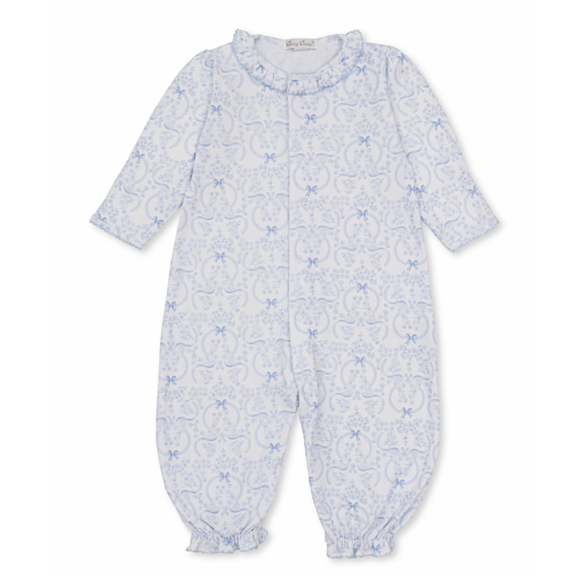 Baby girl long romper with a ruffled neckline and blue coquette bows and floral pattern.